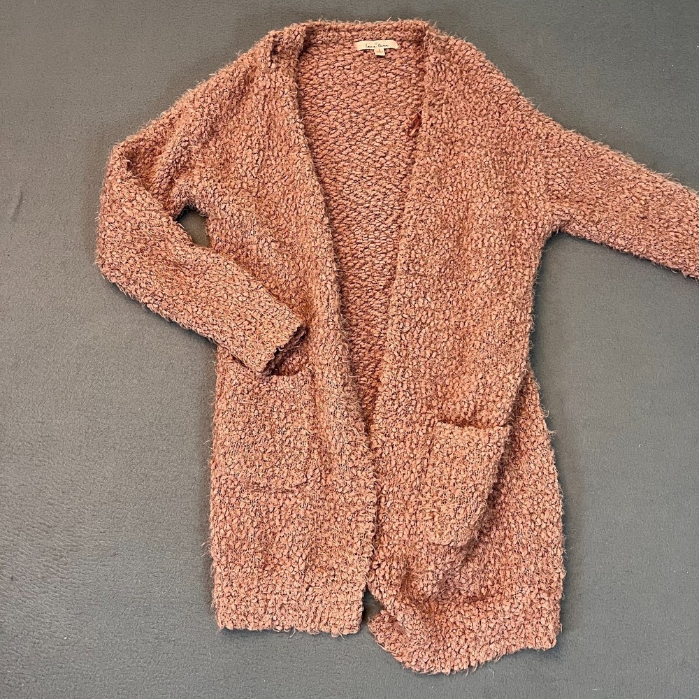 Love Tree Womens Sz Sm Pink Cardigan Sweater Long Sleeve Open Front Fuzzy Pocket